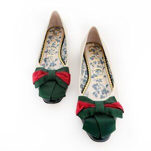 Gucci Sylvie Web Stripe Ballet Flats EU 37 US 7 Ivory Two Tone Cap Toe Ballerina